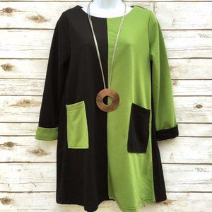 Black Green Color Block Tunic Shift Dress Huiermei